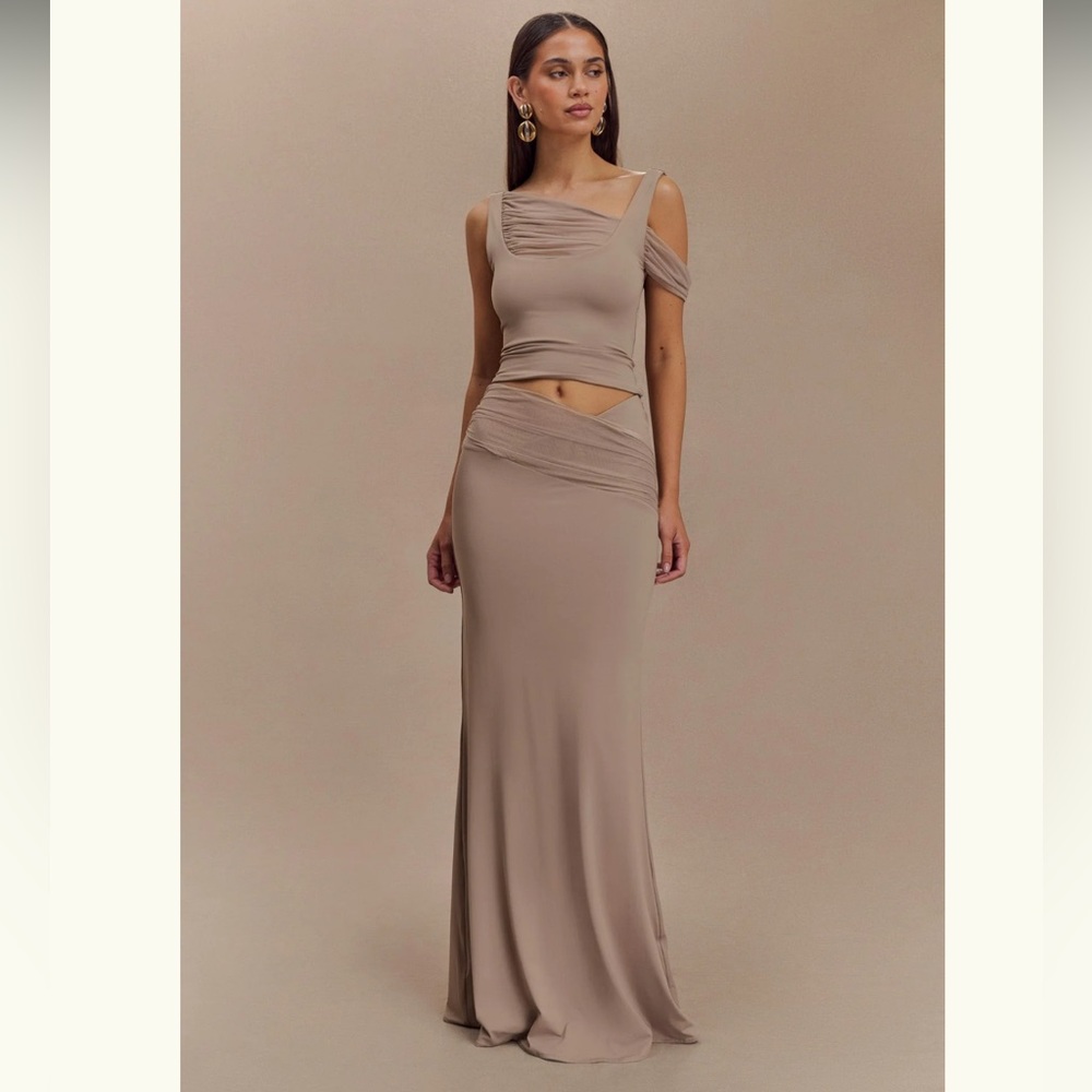 (SOLD) Meshki ~ Jules ~ Recycled Nylon And Mesh Maxi Skirt - Taupe - Picture 5 of 10